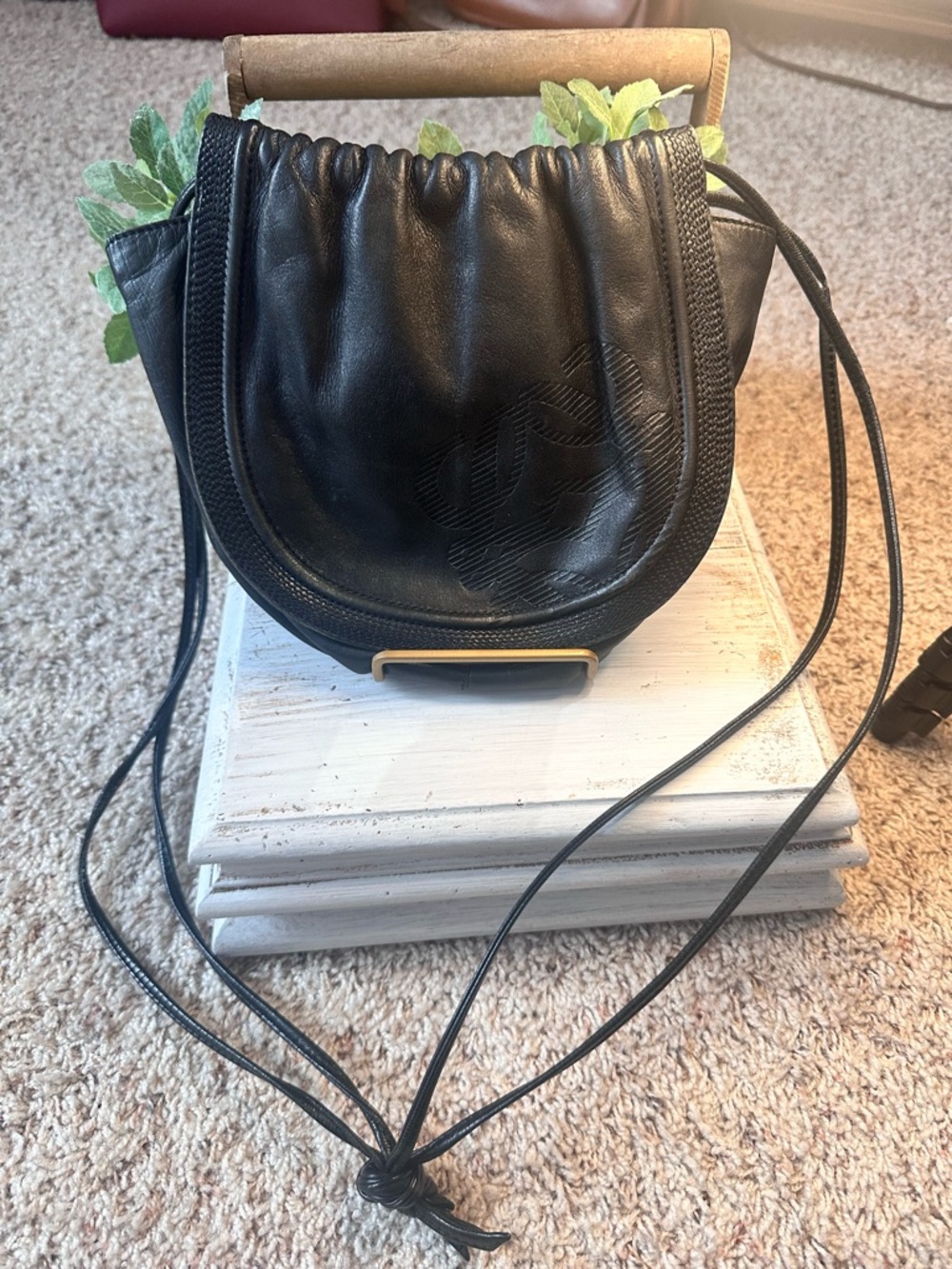 Loewe Black Leather Crescent Crossbody with Gold Accent